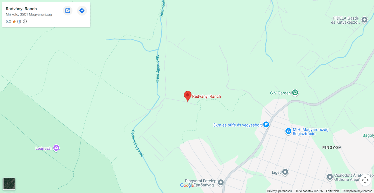 A Radványi Ranch a Google Térképen: Miskolc külterülete, Görömböly és Pingyom között